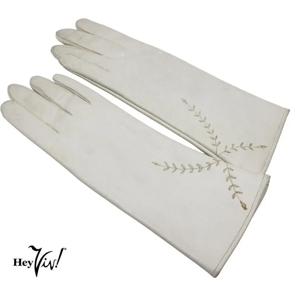 Vintage Ivory Max Mayer Embroidered Fashion Gloves Vinyl and Rayon Sz M -Hey Viv